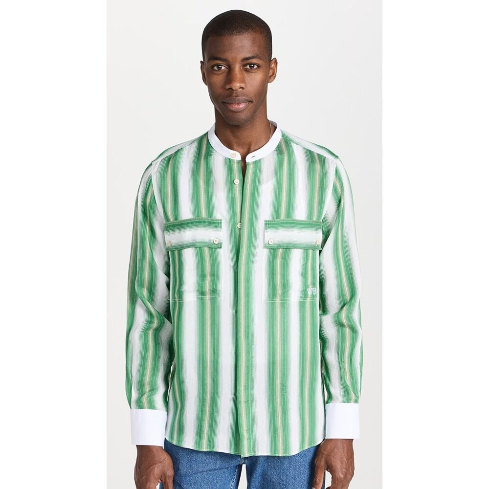 WALES BONNER Shirt Mens Size 48 Green Stripe Button Up CADENCE SILK SHIRT $595